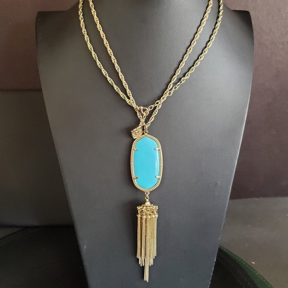 KENDRA SCOTT Rayne Necklace Turquoise Colored Stone‎ with Gold Tassel Signed